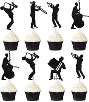 Ercadio 25 Pack Jazz Band Cupcake Toppers Black Glitter Band Cupcake Picks Vintage Jazz Music Theme Cupcake Picks Music Concert Theme Birthday Party Cake Decorations Supplies