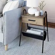 [Nathan James] Hugo Wood Nightstand, Rustic Accent End or Side Table with Drawer, Durable Black Metal Frame & Leather Hammock, Gray