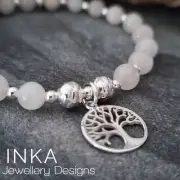 925 Sterling Silver & Rose Quartz Stacker Bracelet & Tree Of LIFE Charm By INKA