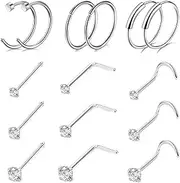 [Generic] 15Pcs Nose Studs Nose Rings, 20G Stainless Steel Nose Bar Screw Hoop L Shaped Straight Screw Diamond Nose Stud with Cubic Zirconia Nose Hoop Nosepiercing for Women Men