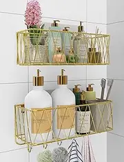 Iperlife Adhesive Shower Caddy Basket Shelf, Bathroom Shampoo Organizer Shelves, Kitchen Storage Rack, No Drilling Wall Mounted Rustproof Shower Shelf for Inside Shower - 2 Pack (Gold)