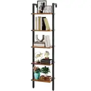 5 Tiers Ladder Bookcase, Industrial Wall Mounted Bookshelf, Open Rustic Brown
