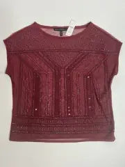 White House Black Market Embroidered￼ Sequin Maroon￼ top sz SMALL Petite