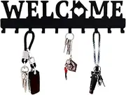 TWOWYHI Key Holder for Wall Black Metal Keys Holder Decorative Wall Mounted Welcome Design Style Key Rack for Wall Key Hanger with 10 Hooks 12.99×3.35" Width Key Hangers with Adhesive Wall Screw