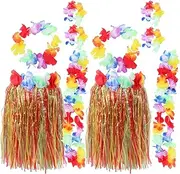 LUOZZY 2 Sets Hawaiian Leis Hula Skirt Set Hawaiian Flowers Garlands Necklace Bracelets Headband Kit Photo Props for Summer Party