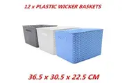 12 x Wicker Pattern Plastic Storage Baskets Bin Tubs Organizer Drawer 36x30cm