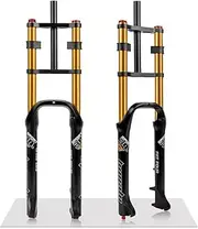 26 X 4.0 Inch Fat Tires Fork Bike Air Suspension Fork 140mm Travel Adjustable Rebound Manual Lockout, Mountain Ebike Double Crown Front Fork Straight Steerer Tube Disc Brake QR 9x135mm(Gold)