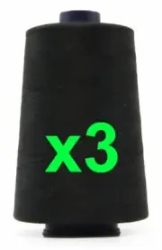 3 x BLACK Hemline 5000m Overlocker Thread, Sewing Thread, Serger Thread