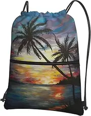 EdWal Tropical Sunset Print Drawstring Backpack Gym Bags Sports Bags With Zipper Pocket For Travel Beach, Black, One Size