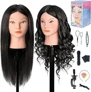 Mannequin Head with 100% Human Hair, MYSWEETY 18" Real Hair Manikin Doll Head for Hair Styling, Cosmetology Mannequin Hairdressing Practice Training Head with Clamp Holder and Tools(Black, Makeup)