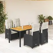 5 Piece Garden Bistro Set with Cushions Black Poly Rattan – Reclining Outdoor Furniture with Adjustable Chairs, Acacia Wood Tabletop, and Removable Cushion Covers