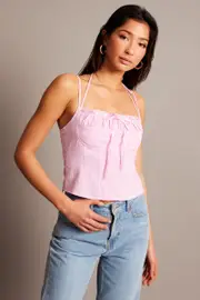 Pink Cami Top Sleeveless Ruched Ribbon - Size 14, Women's Crop Top