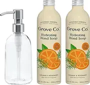 Grove Co. Hydrating Gel Hand Soap Refills (2 x 13 Fl Oz) + 1 x Reuseable Glass Soap Dispenser, Plastic-Free & Liquid Refillable Starter Kit, Natural Orange & Rosemary Fragrance