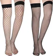 [Wanmu] 2 Pairs Fishnet Thigh High Stocking for Women Black Top Sheer Over Knee Silky Stockings, Black, S-L