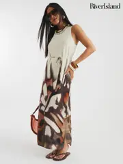 River Island Cream Printed Bias Slip Midi Dress (F99472) | $111