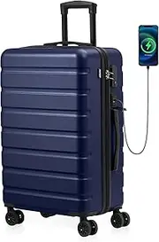[AnyZip] Suitcase Hardside PC ABS Lightweight USB Luggage with Wheels Checked-Medium 24 Inch Dark Blue