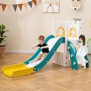 HONEY JOY 6 in 1 L-Shaped Toddle Slide for Toddlers Age 1-3, Baby Slide Indoor w/Basketball Hoop and Telescope, Kids Ladder Playset Toddler Playground w/Storage Space and Non-Slip Steps