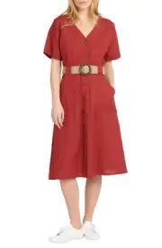 Barbour Saltwater Button-Front Belted Midi Dress (6, Mulberry) Retail $150