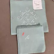 NOS Embroidered Linen 36" Tablecloth + 4 Napkins Sage Green Made In Italy Vtg