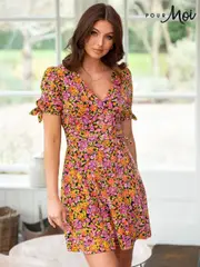 Pour Moi Mustard Orange Floral Bella Fuller Bust Slinky Stretch Tie Sleeve Mini Dress (C90262) | $104
