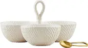 Mud Pie Server 8" x 8" | Spoon 3 1/2" Woven Ceramic Triple Tidbit, White