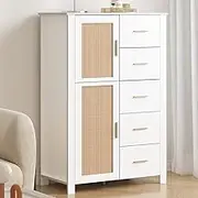 IBF 5 Drawer Dresser Rattan Storage,Chest of Drawers Wood for Bedroom,46” Tall Modern Farmhouse Dresser Storage Organizer with Anti-Tipping Device for Hallway, Bedroom, White Oak