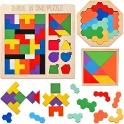 3 Pack Wooden Blocks Puzzles, 3-In-1 Russian Blocks, Octagon Puzzle, Tangrams Pu