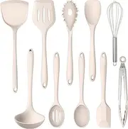 10 Pack Kitchen Utensils Set for Cooking, Leonyo Silicone Cooking Utensils Set, 446°F Heat Resistant Silicone Kitchen Tool with Turner Spatula, Soup Ladle, Serving Spoon for Nonstick Cookware - Khaki