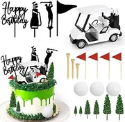 Golf Cake Decorations Set with Mini Golf Cart Toy Flag Golf Ball Green Tree, Golf Birthday Cake Toppers for Golf Theme Party Decoration Supplies