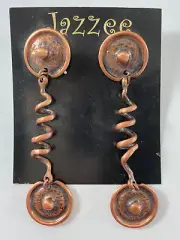 Vintage Copper Earrings 3.75 in Stud Back Drop Dangle Spiral Circles
