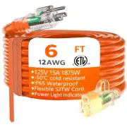 Heavy Duty Outdoor Extension Cord 6Ft Waterproof 12/3 Gauge Lighted End Flexible