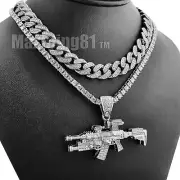 Silver Machine Gun pendant 18" Iced Cubic Zirconia Cuban 20" 1 Row Tennis Chain