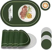 BLAZDEVE Placemats and Coasters Set of 4, Waterproof Faux Leather Oval Table Mats, Dual-Sided Heat-Resistant Washable Placemats for Kitchen, Dining, Picnic, Indoor & Outdoor (Gray Green)