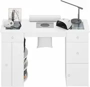 Ufurniture Manicure Table for Nail Tech, Acetone Resistant Nail Desk w/Dust Collector, Glass Tabletop with Visual and Hidden Drawers, w/Wrist Cushion, Crystal Handles (White)