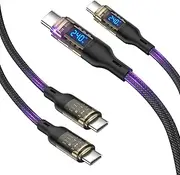 240W USB C to USB C Transparent Cable with LED Display Compatible with 140W 100W Fast Charging for MacBook Pro,lPhone15/15Pro/15ProMax, Galaxy S23+/S23Ultra/S22,2M 2Pack,Black
