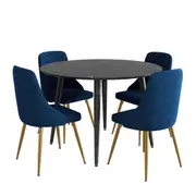 5 Piece Round Black Dining Table and Blue Velvet Chair Set