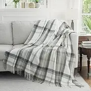 GINAMUSE Grey and White Plaid Throw Blanket for Couch,50"X60" Super Soft Cozy Warm Home Decorative Throws with Tassels for Bed Sofa Picnic