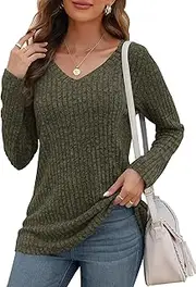 [AUSELILY] Long Sleeve Shirts for Women Lightweight V Neck Sweaters Casual Loose Tunic Tops,Army Green,M