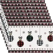 Maxpearl Christmas Placemats Set of 8, Buffalo Plaid Xmas Colorful Lights Table Mats for Dining Table Decorations, Thick Woven Cotton Linen Holiday Place Mats, 18 × 12 Inch