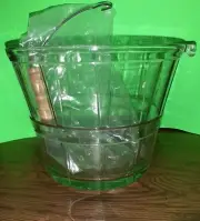 VTG ANCHOR HOCKING GLASS ICE BUCKET W/HANDLE & 6 ETCHED COUPE STEMWARE NIB
