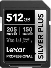 Lexar 512GB Silver Plus SD UhsI V30 U3 205MB/S Memory Card