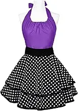 Cute Retro Apron Lacy Vintage Maid Polka Dot Cooking Apron with Pockets for Women Ladies (Purple)