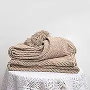New Acrylic Chenille Tassel Knitted Blanket Bed Sofa Throw Rug 130x160cm (Beige Apricot)