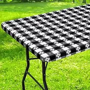 Spotjoy Rectangle Vinyl Table Cloth, Waterproof Elastic Fitted Tablecloth with Flannel Backing, Plastic Table Cover for Picnic, Camping, Outdoor (Black & White, 30"x72")