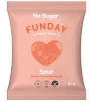 2 x Funday Natural Sweets No Sugar Added Lollies Sour Peach Hearts 50g