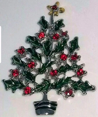Christmas Tree Brooch Pin Ruby Red Brilliant Sparkly Crystals Silver Tone New