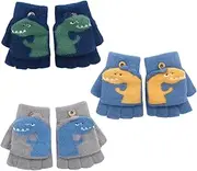 [UILYNIU] 3 Pairs Fingerless Gloves Kids, Winter Convertible Half Finger Flap Cover Gloves Soft Flip Top Gloves Toddler Cartoon Elastic Knitted Mittens Gloves for Kids Boy Girls Aged 3-8