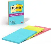 Post-it Super Sticky Notes, 101 x 152mm, 3 Pads, 2X The Sticking Power, Supernova Neons, Bright Colors, Recyclable (660-3SSMIA)