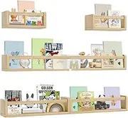 YLT WAX Nursery Floating Book Shelves 1 Pack 32" & 2 Pack 10" & 2 Pack 16.5", Set of 5 Wall Mounted Bookshelf for Kids Bedroom, Hanging Bookshelves for Wall, Nursery Decor, Natural Wood Book Shelf