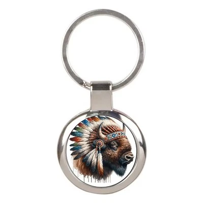 Native Art Buffalo Key Ring Key chain Chrome Finish Key Fob Photo Drawing